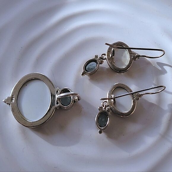Vtg Avon sterling silver abalone & blue topaz earrings & pendant set - Picture 5 of 8